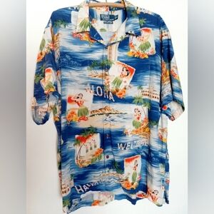 POLO by Ralph Lauren Vintage Camp Blue Multi Retro Hawaiian Shirt Size XL